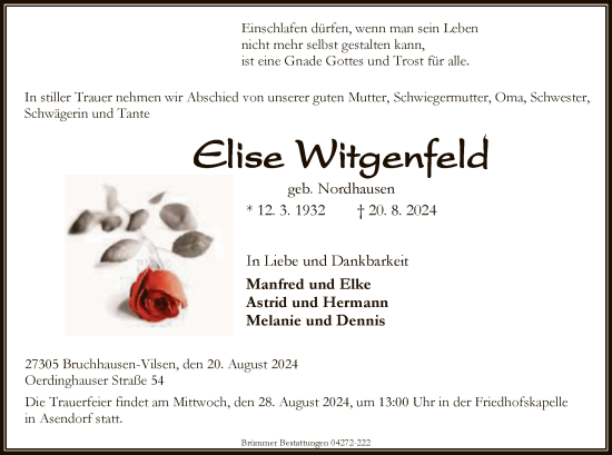 Traueranzeige von Elise Witgenfeld von SYK