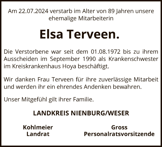 Traueranzeige von Elsa Terveen von SYK