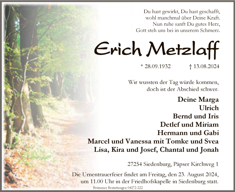  Traueranzeige für Erich Metzlaff vom 17.08.2024 aus SYK