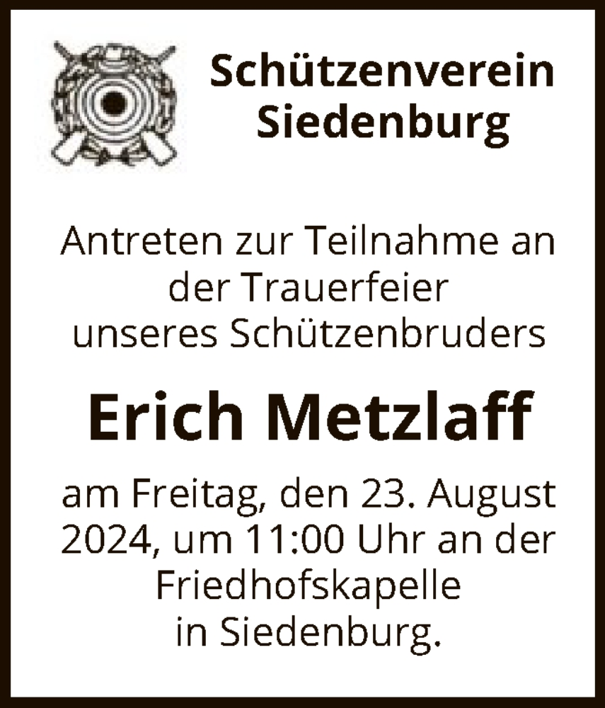  Traueranzeige für Erich Metzlaff vom 21.08.2024 aus SYK