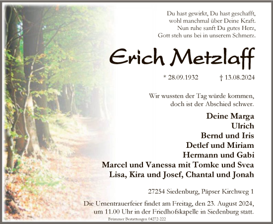 Traueranzeige von Erich Metzlaff von SYK