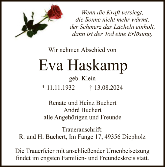 Traueranzeige von Eva Haskamp von SYK