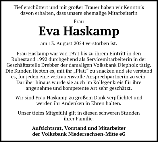 Traueranzeige von Eva Haskamp von SYK