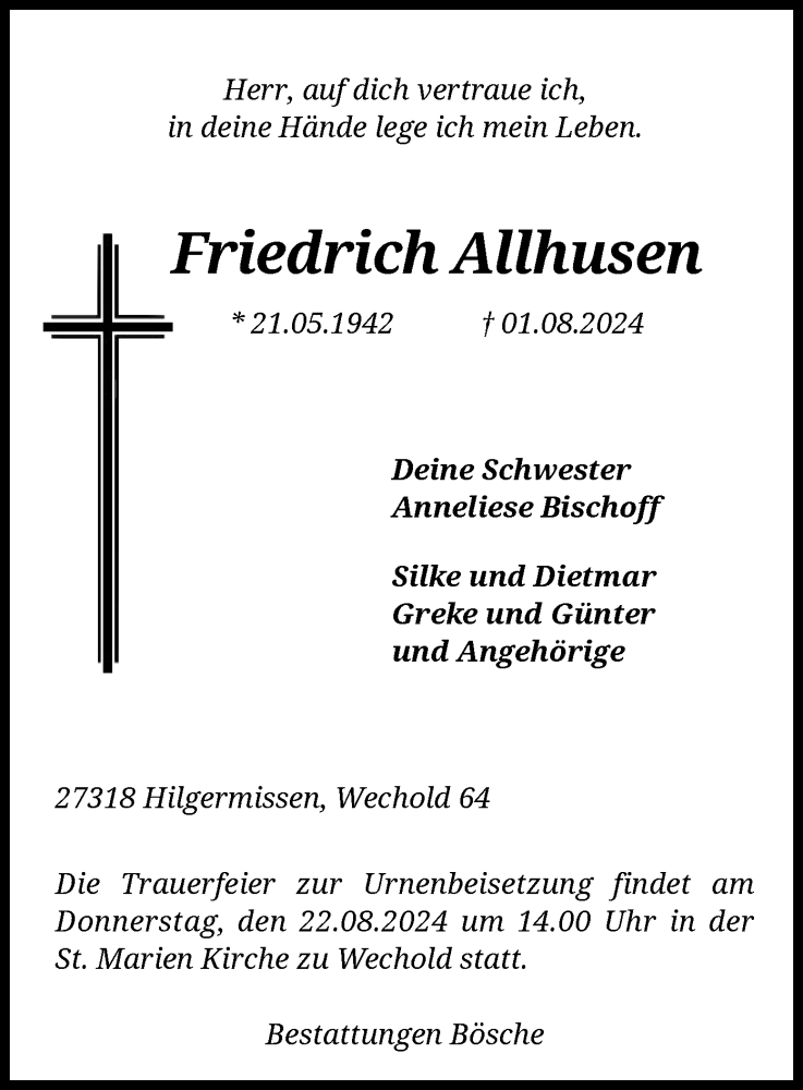  Traueranzeige für Friedrich Allhusen vom 10.08.2024 aus SYK