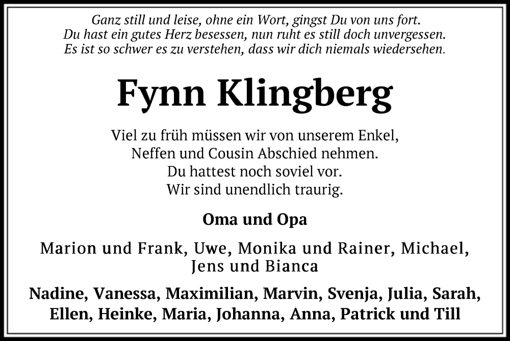  Traueranzeige für Fynn Klingberg vom 24.08.2024 aus SYK