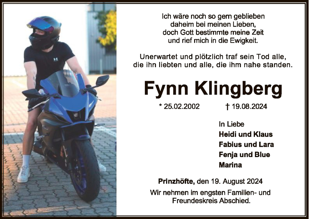  Traueranzeige für Fynn Klingberg vom 24.08.2024 aus SYKSYK