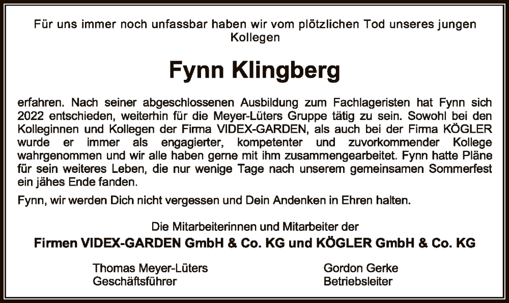  Traueranzeige für Fynn Klingberg vom 24.08.2024 aus SYK