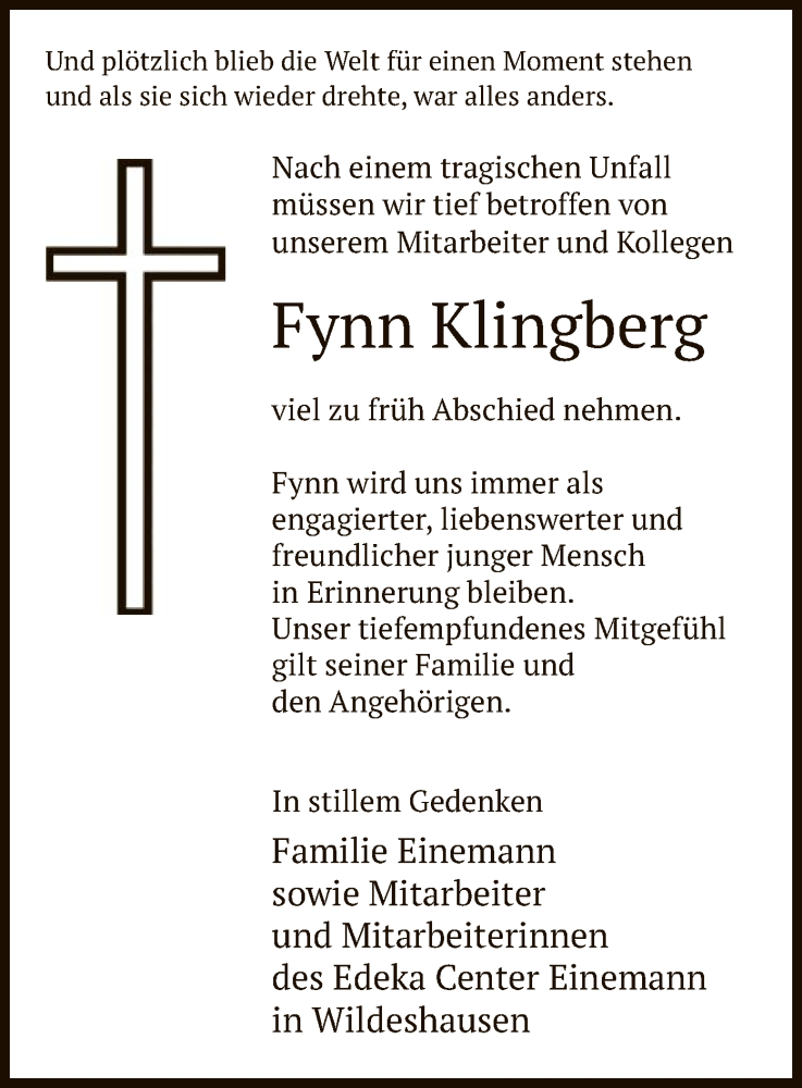  Traueranzeige für Fynn Klingberg vom 24.08.2024 aus SYK