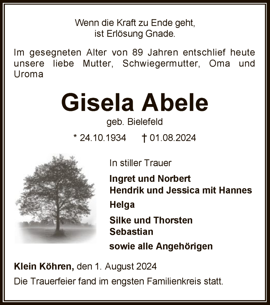  Traueranzeige für Gisela Abele vom 12.08.2024 aus SYKSYK