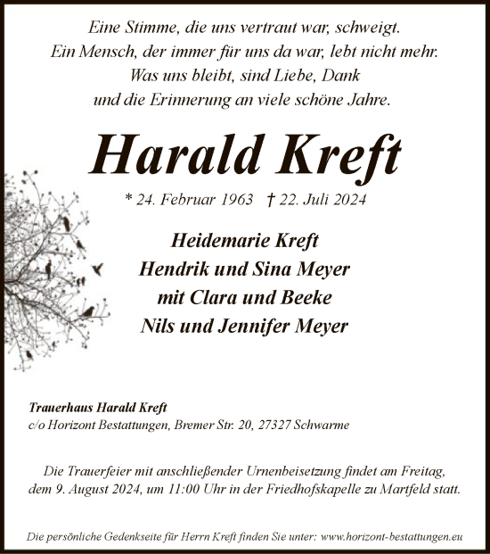 Traueranzeige von Harald Kreft von SYK