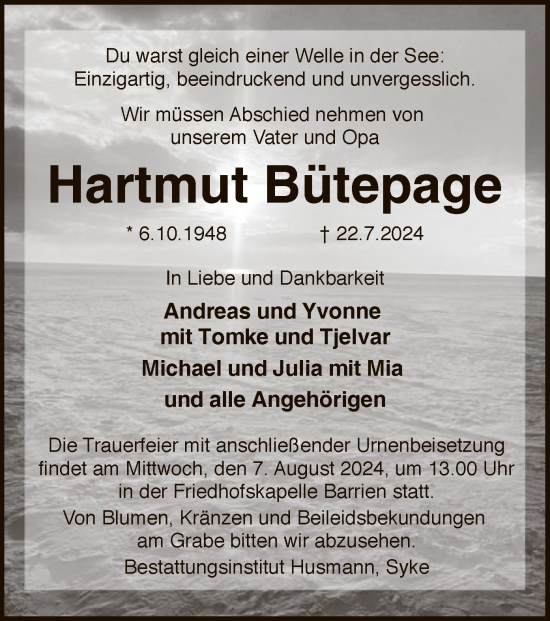 Traueranzeige von Hartmut Bütepage