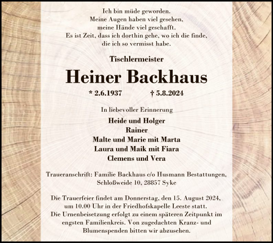 Traueranzeige von Heiner Backhaus