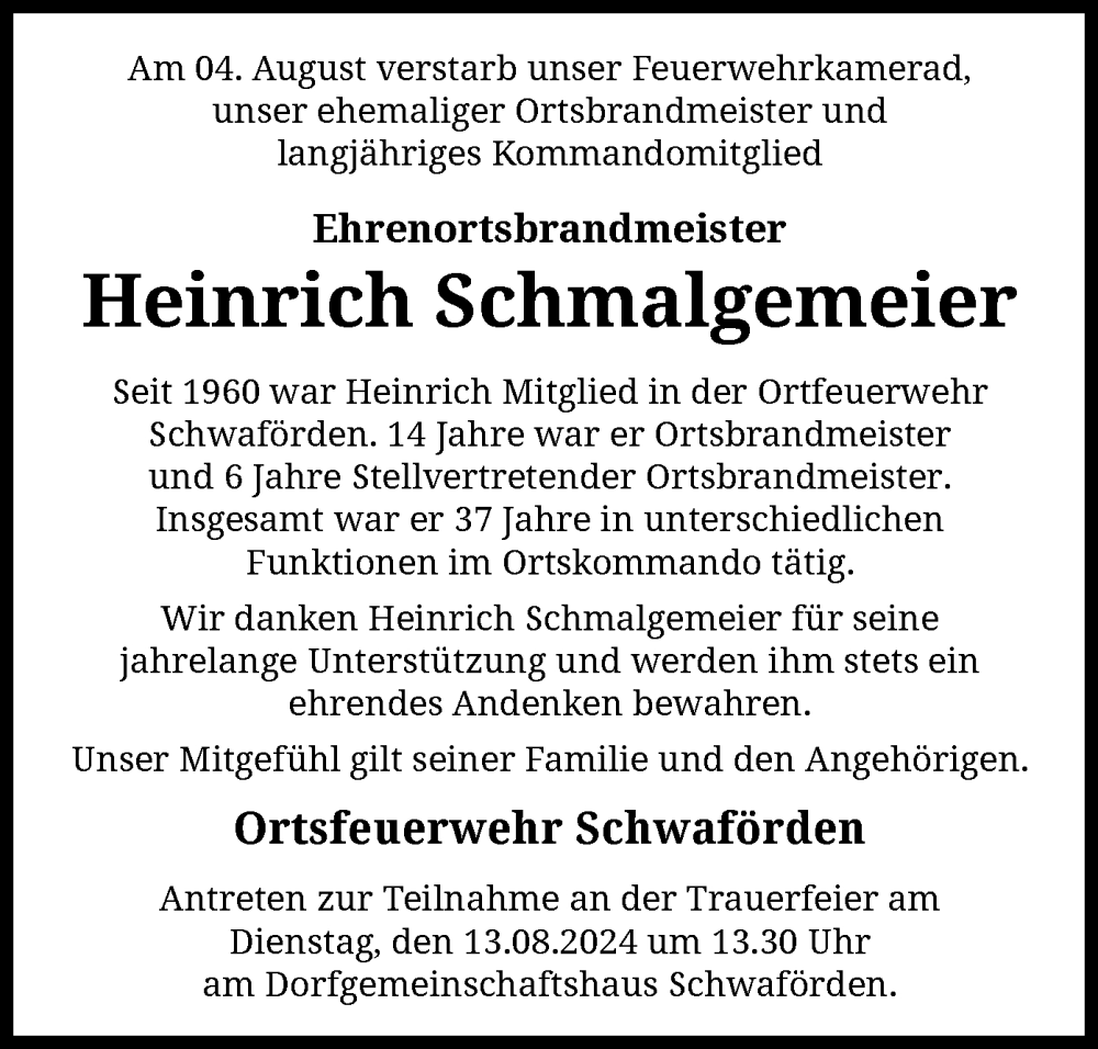  Traueranzeige für Heinrich Schmalgemeier vom 09.08.2024 aus SYK