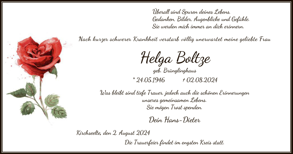  Traueranzeige für Helga Boltze vom 17.08.2024 aus SYKSYK