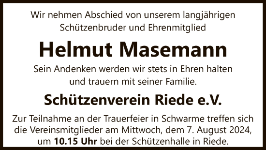 Traueranzeige von Helmut Masemann von SYK