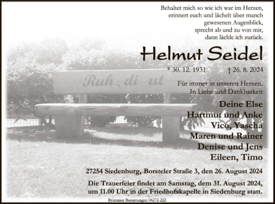 Traueranzeige von Helmut Seidel von SYK