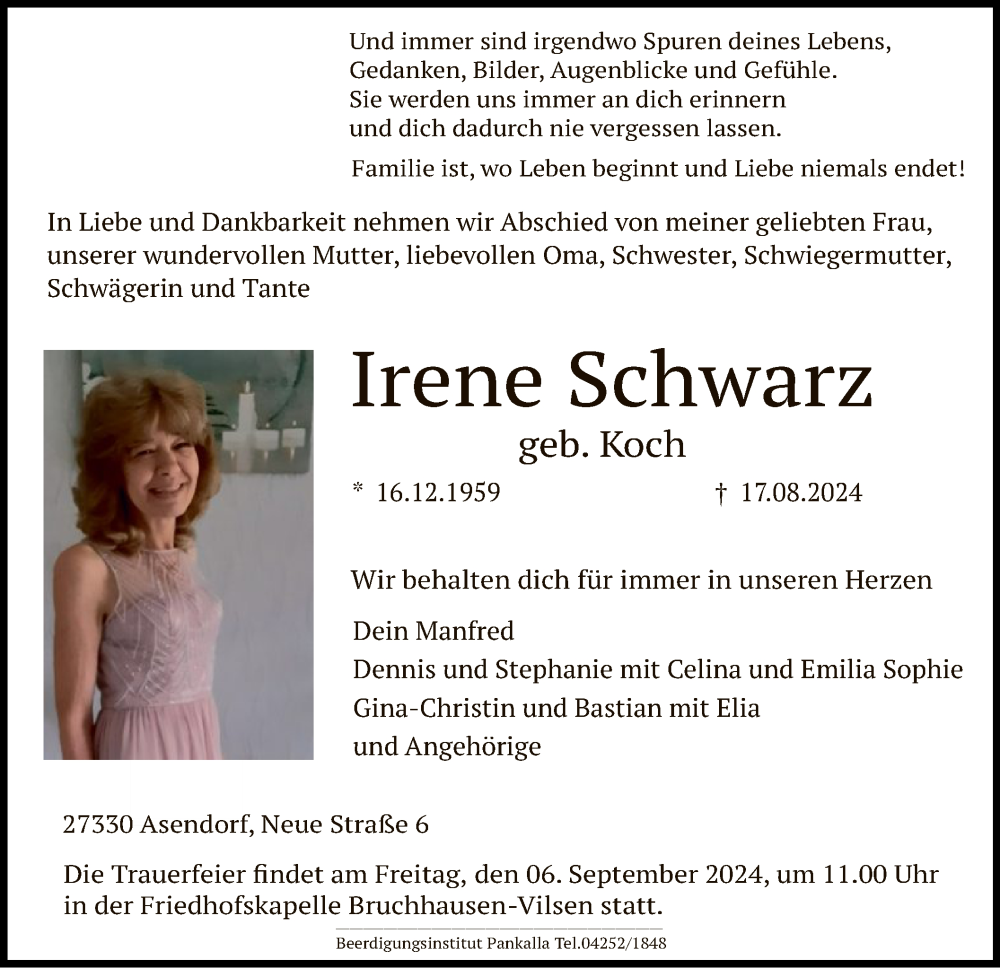  Traueranzeige für Irene Schwarz vom 24.08.2024 aus SYK