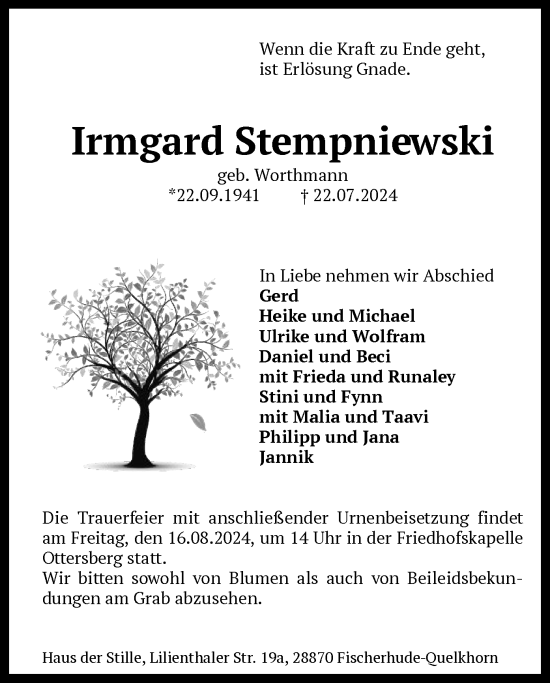 Traueranzeige von Irmgard Stempniewski von SYKSYK