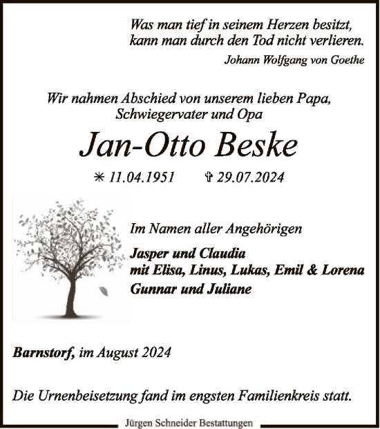 Traueranzeige von Jan-Otto Beske von SYK