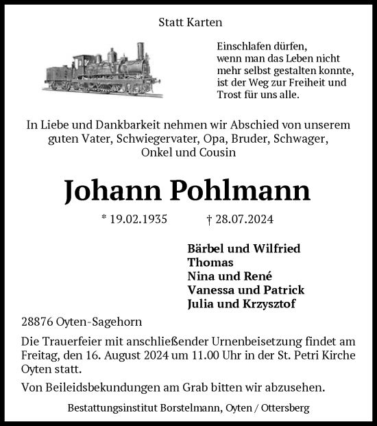 Traueranzeige von Johann Pohlmann von SYK