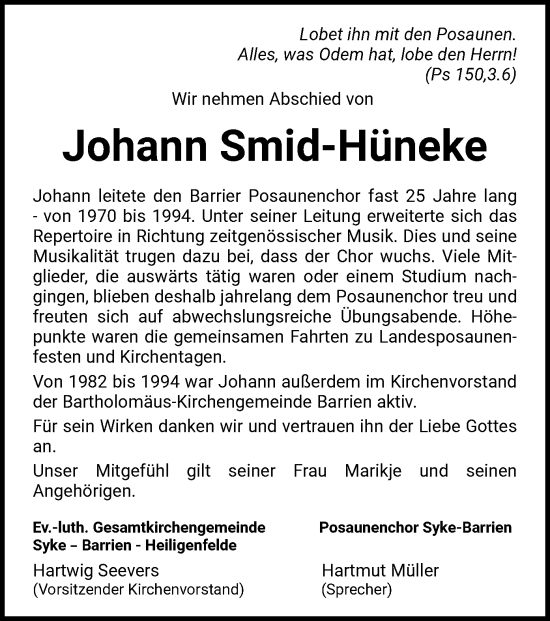 Traueranzeige von Johann Smid-Hüneke