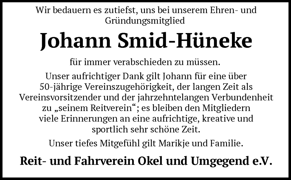  Traueranzeige für Johann Smid-Hüneke vom 08.08.2024 aus SYK