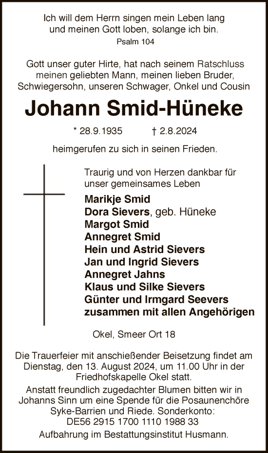 Traueranzeige von Johann Smid-Hüneke