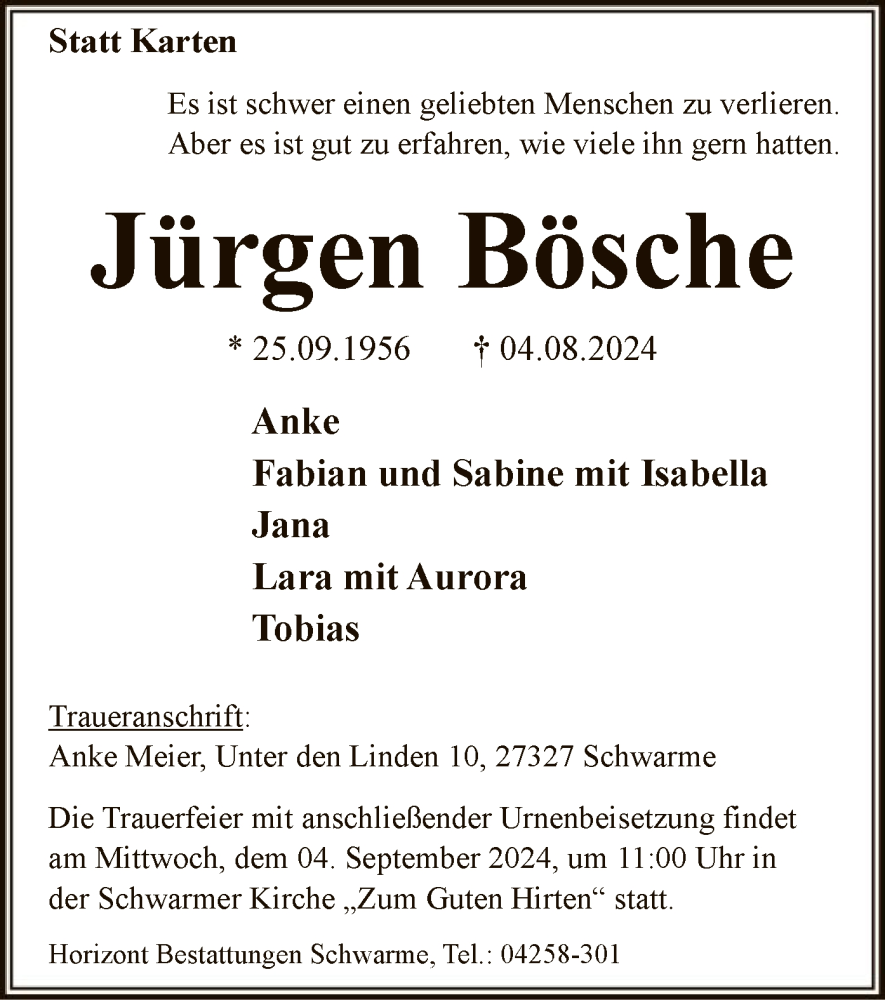  Traueranzeige für Jürgen Bösche vom 10.08.2024 aus SYK