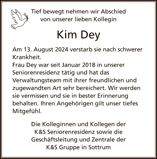 Traueranzeige von Kim Dey von SYKSYK