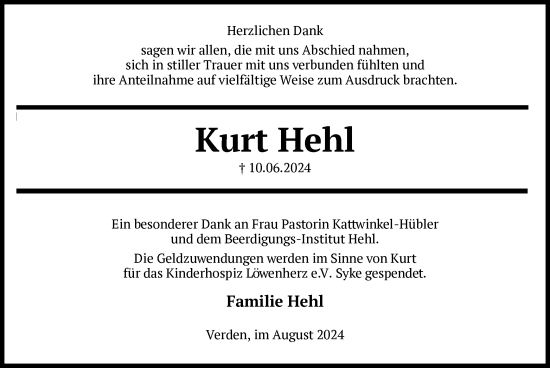 Traueranzeige von Kurt Hehl von SYK