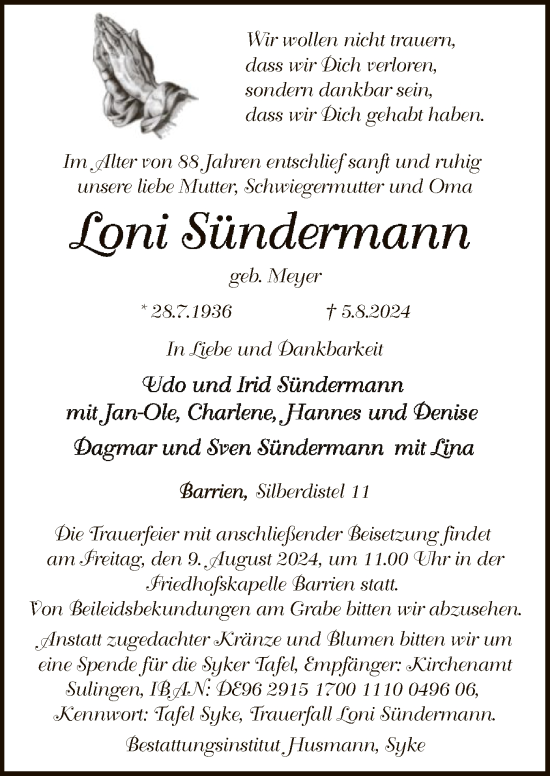 Traueranzeige von Loni Sündermann