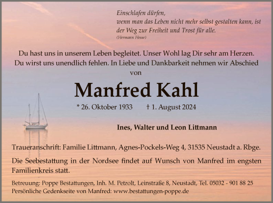 Traueranzeige von Manfred Kahl von SYK