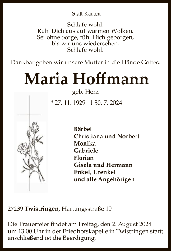 Traueranzeige von Maria Hoffmann von SYK