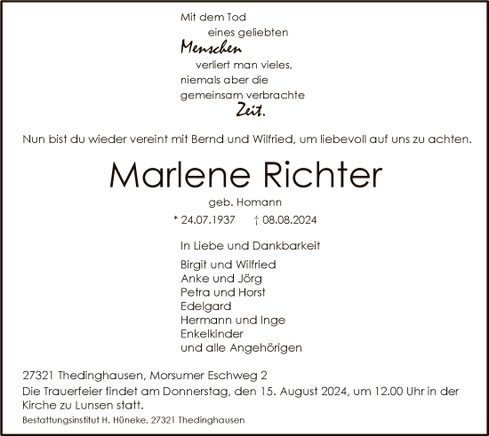 Traueranzeige von Marlene Richter von SYK