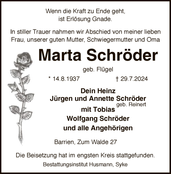 Traueranzeige von Marta Schröder