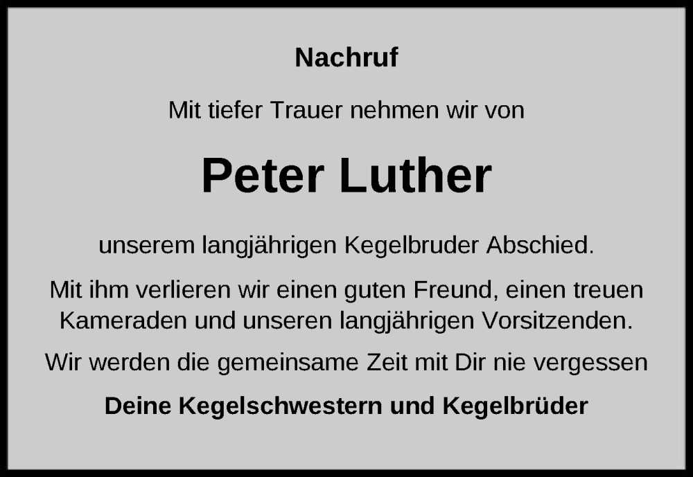  Traueranzeige für Peter Luther vom 09.08.2024 aus SYK