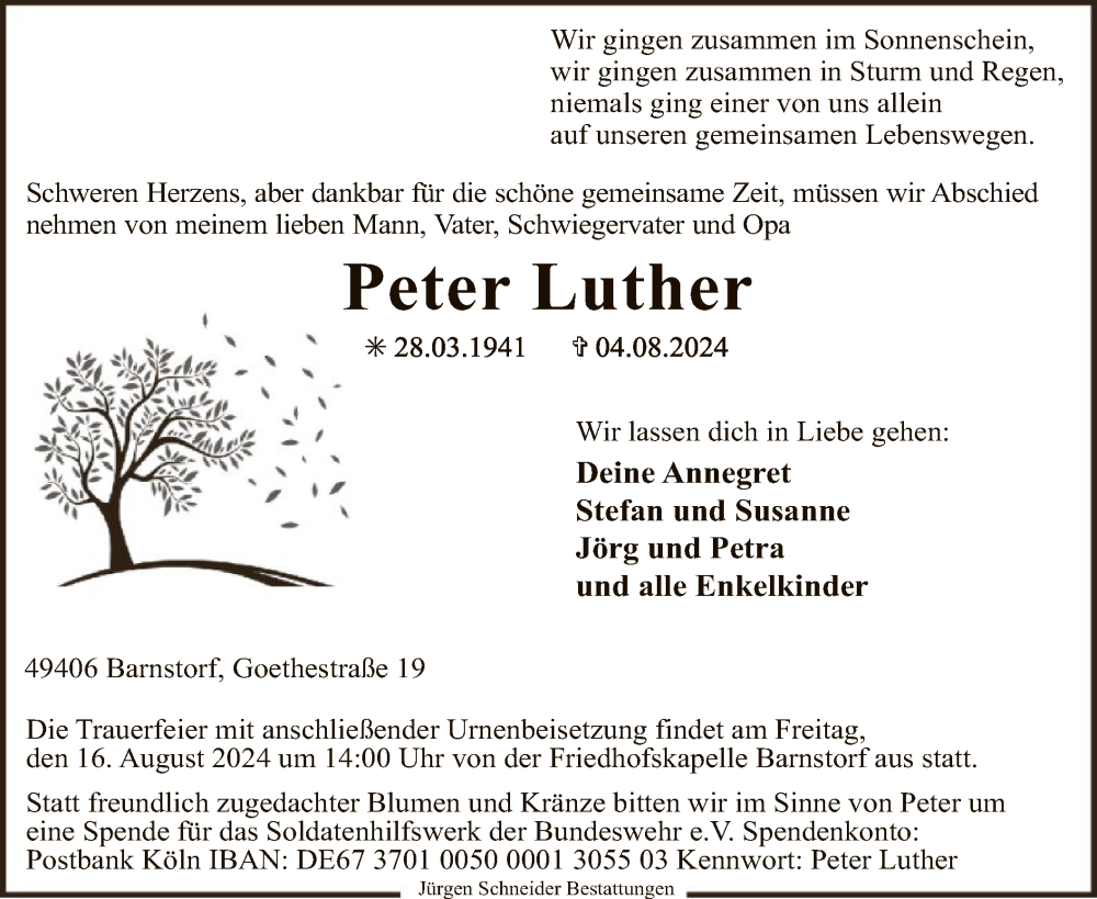  Traueranzeige für Peter Luther vom 09.08.2024 aus SYK