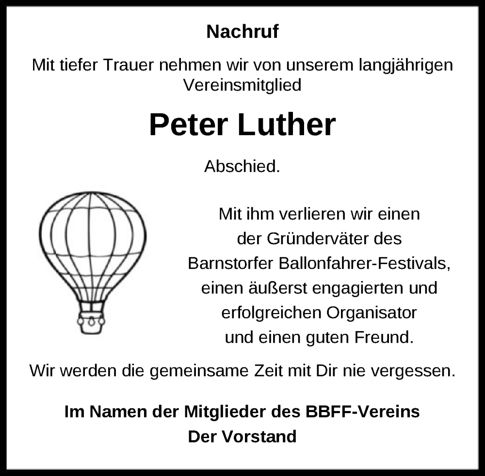  Traueranzeige für Peter Luther vom 10.08.2024 aus SYK