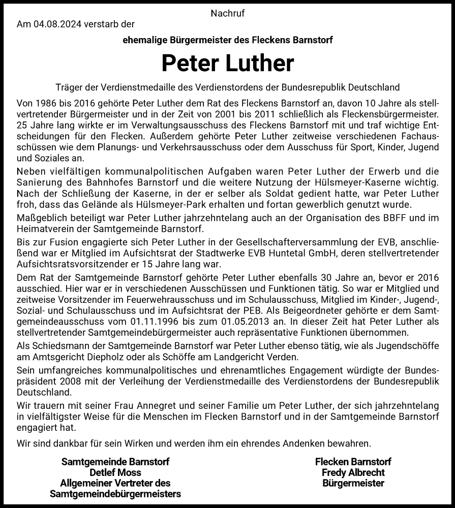  Traueranzeige für Peter Luther vom 10.08.2024 aus SYK