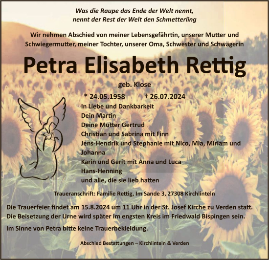 Traueranzeige von Petra Elisabeth Rettig von SYK