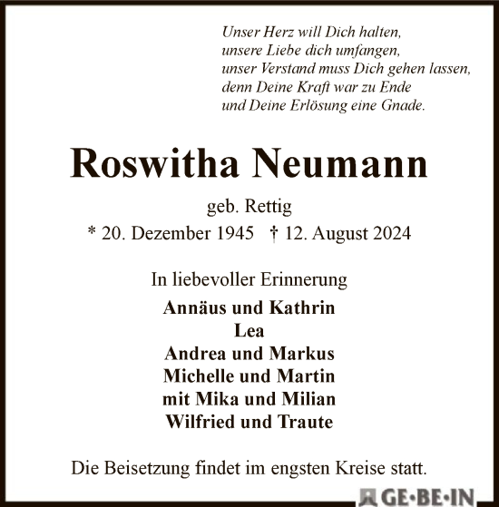 Traueranzeige von Roswitha Neumann von SYK