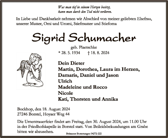 Traueranzeige von Sigrid Schumacher von SYK
