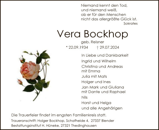 Traueranzeige von Vera Bockhop von SYK