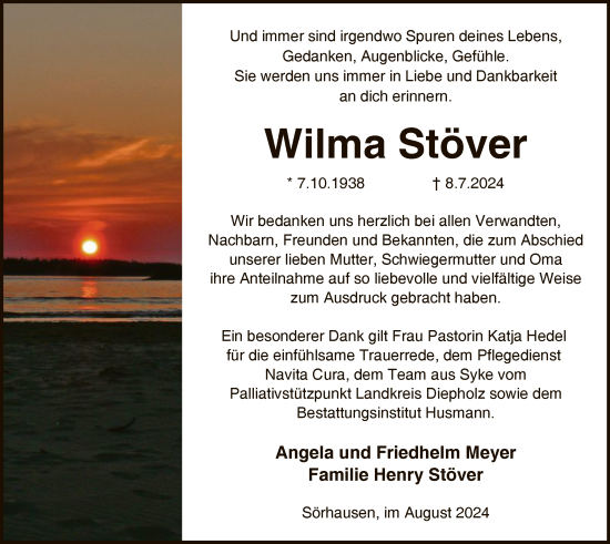 Traueranzeige von Wilma Stöver