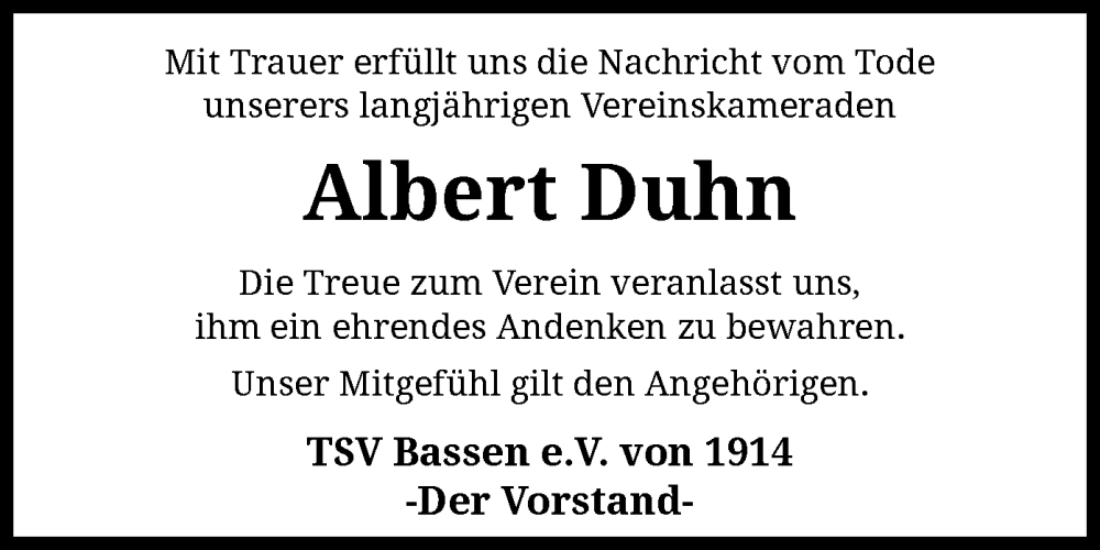  Traueranzeige für Albert Duhn vom 28.09.2024 aus SYK