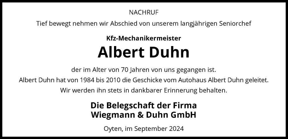  Traueranzeige für Albert Duhn vom 28.09.2024 aus SYK