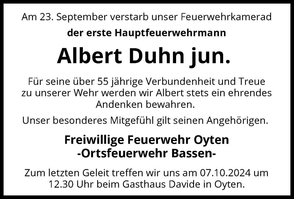  Traueranzeige für Albert Duhn vom 28.09.2024 aus SYK