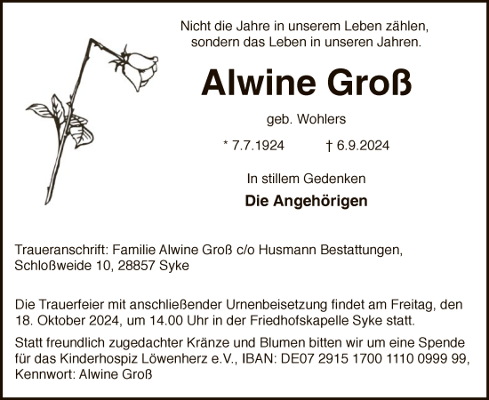 Traueranzeige von Alwine Groß