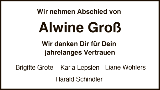 Traueranzeige von Alwine Groß