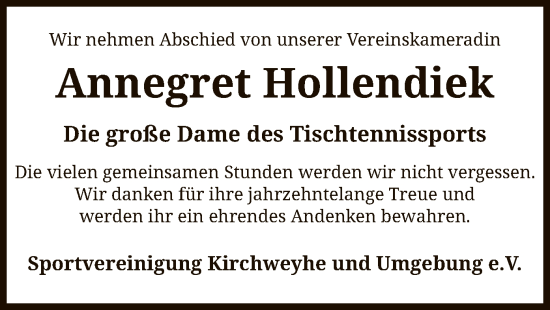 Traueranzeige von Annegret Hollendiek von SYK